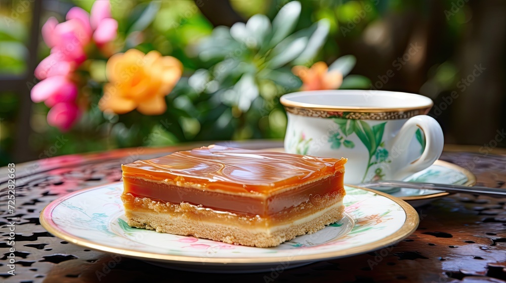 Wall mural A caramel slice with a cup of tea