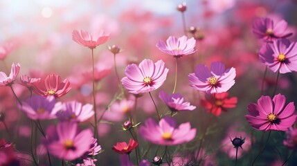 Obraz premium Pink and red cosmos flowers garden,Blurry to soft focus and retro film look new color intrend tone,generative ai