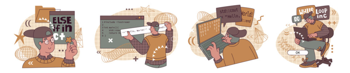 Set with Programmers coding new project on special language. Concept of software development and web engineering. Programming school, IT specialists, online profession training. Vector