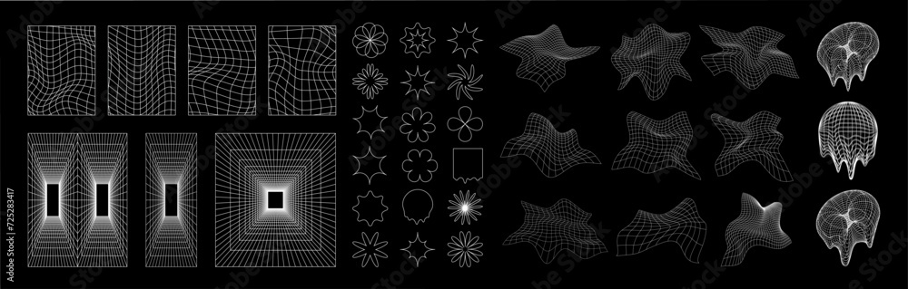 Poster cyber distorted grid, punk perspective rectangular tunnels and y2k psychedelic elements set. grid ge