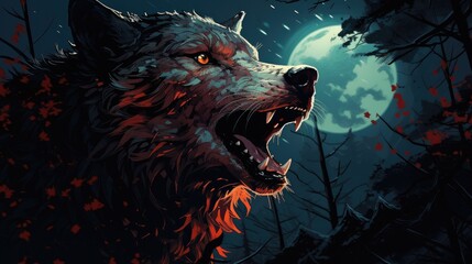 Full Moon with wolf illustration