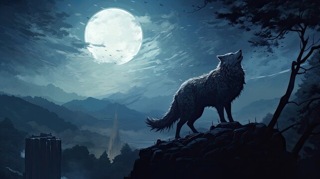Full Moon with wolf illustration