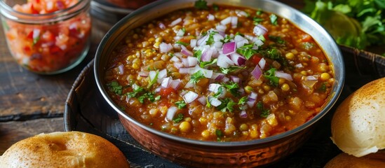 Misal pav is a famous Maharashtrian street food made with usal, sprouts curry, and garnished with onions, tomatoes, farsan, and chutney. - obrazy, fototapety, plakaty
