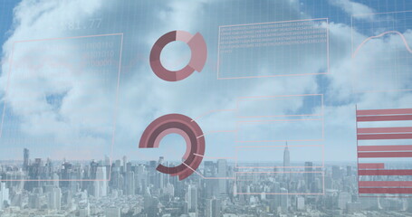 Image of financial data processing over cityscape background