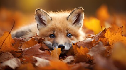 A fluffy fox pup rolling around in a bed of autumn leaves.
