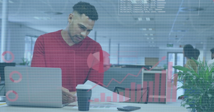 Image of financial data processing over biracial businessman using laptop in office