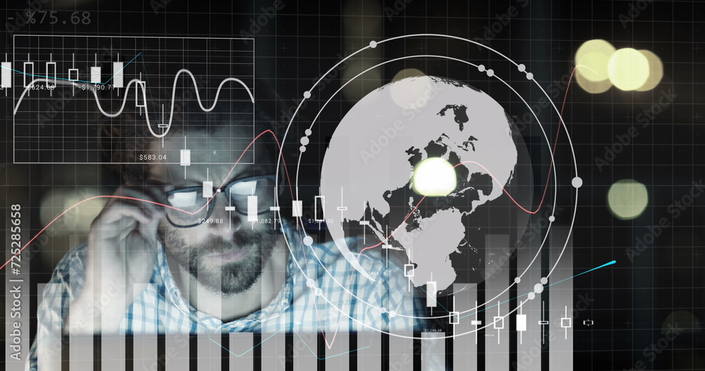Poster image of data processing over caucasian businessman working in office