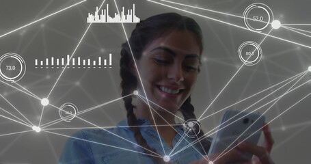 Image of networks of connections with data over caucasian businesswoman with smartphone