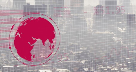 Image of financial data processing over grid and cityscape background