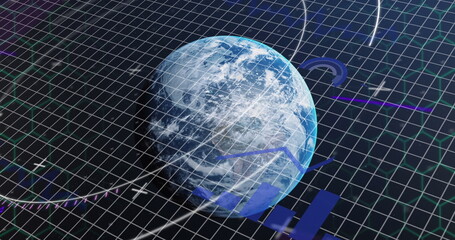 Naklejka premium Image of financial data processing over grid and globe background