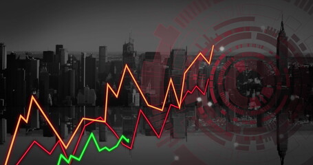 Image of financial data processing over cityscape