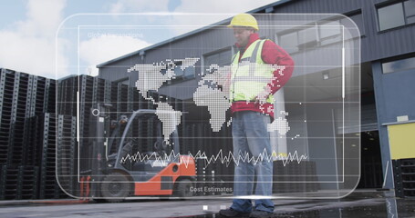 Image of data on screens over caucasian male warehouse worker with smartphone