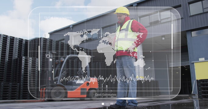 Image of data on screens over caucasian male warehouse worker with smartphone