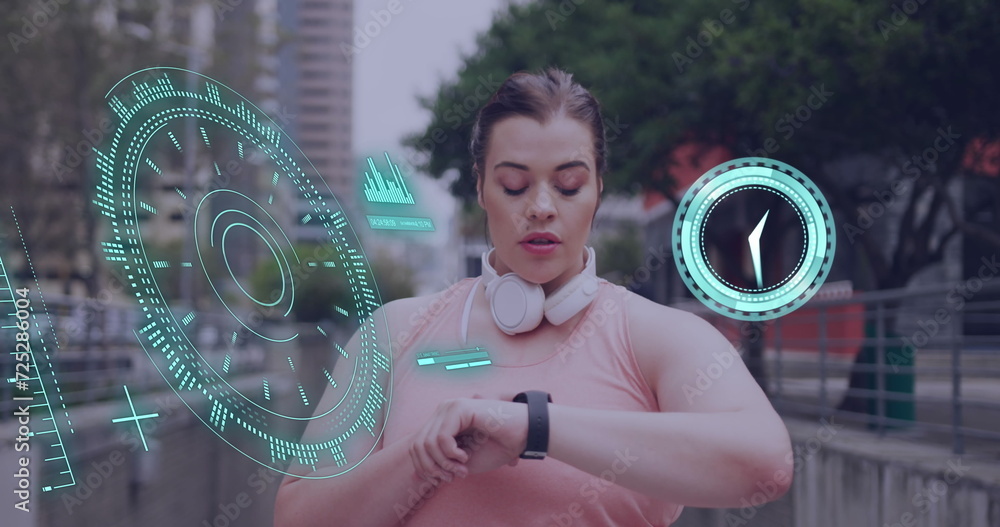 Poster image of data processing over caucasian woman running with smartwacth