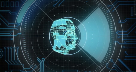 Image of data processing over human brain and circuit board