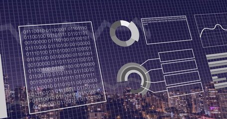 Image of binary coding and financial data processing over city