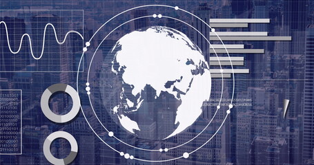 Image of financial data processing over cityscape