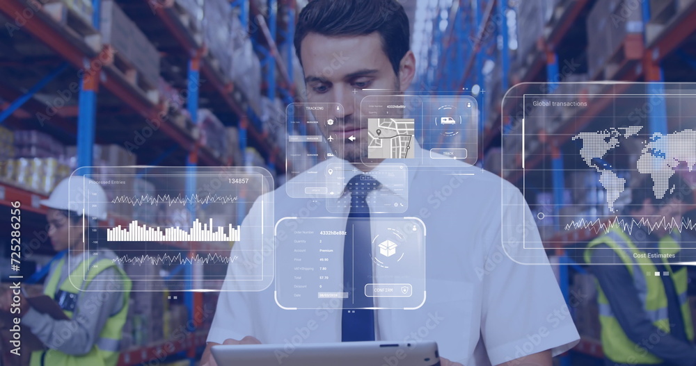Poster image of data processing on screens over caucasian man working in warehouse