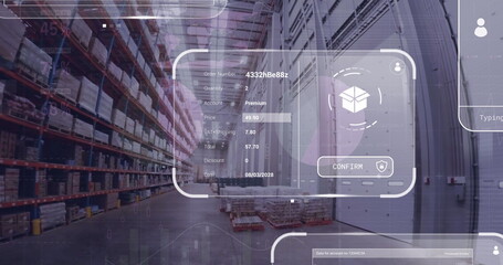 Image of data processing on screens over warehouse