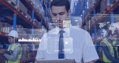 Image of data processing on screens over caucasian man working in warehouse