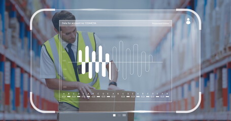 Image of data processing on screen over caucasian man working in warehouse