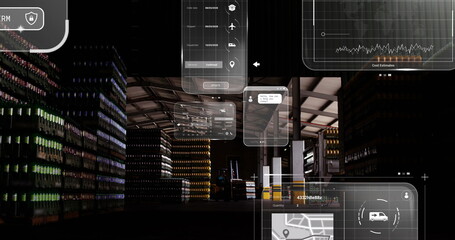 Image of data processing on screen over warehouse