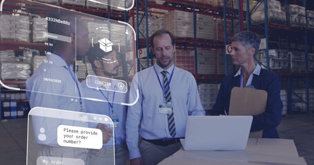 Image of data processing on screen over diverse people working in warehouse