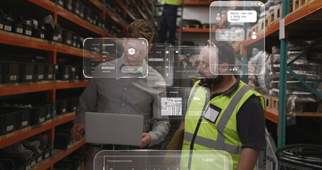 Image of data processing on screens over caucasian men working in warehouse
