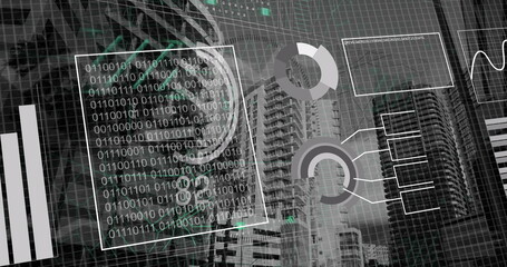 Image of financial data processing over city