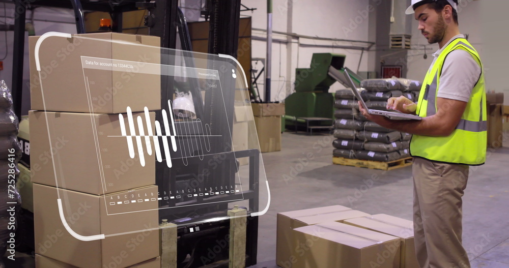 Poster image of data processing on screen over caucasian man working in warehouse