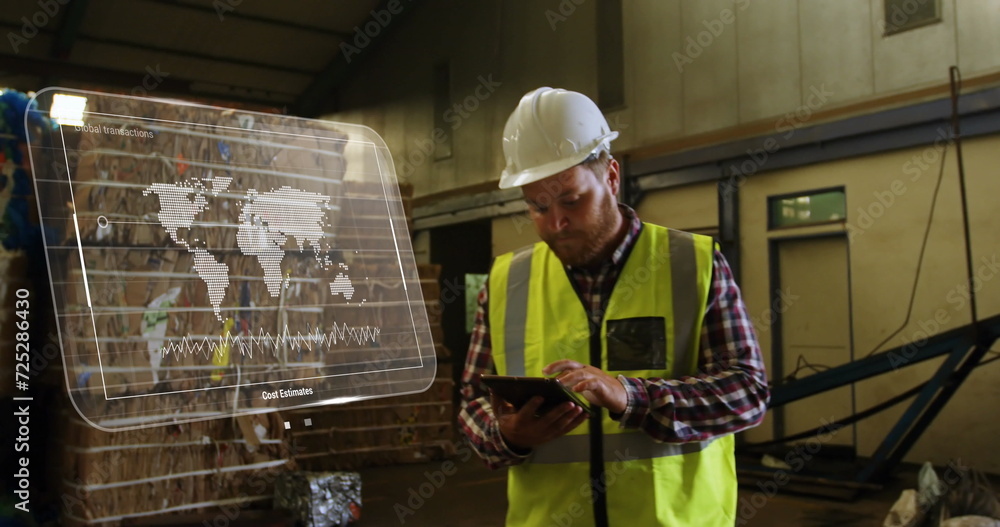 Aufkleber image of data processing on screen over caucasian man working in warehouse