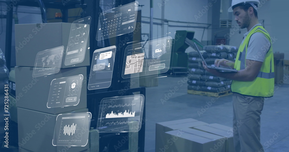 Poster image of data processing on screens over caucasian man working in warehouse
