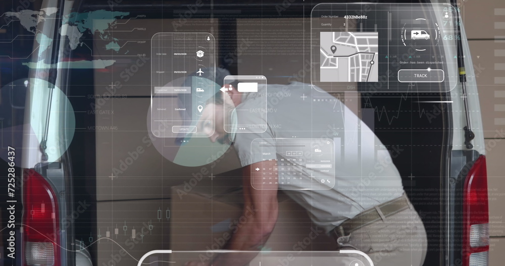 Poster image of data processing on screens over caucasian delivery man with boxes