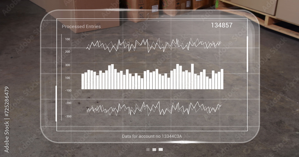 Poster image of data processing on screens over cardboard boxes