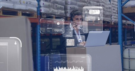 Image of data processing on screen over caucasian woman working in warehouse