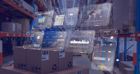 Image of data processing on screens over warehouse