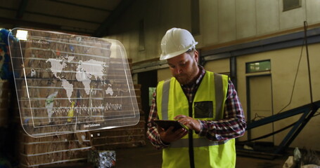 Image of data processing on screen over caucasian man working in warehouse