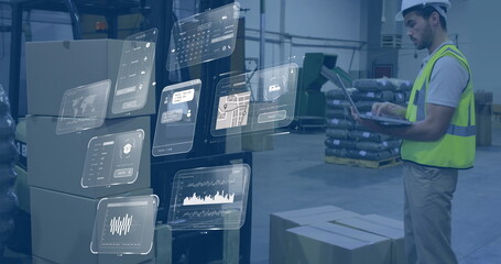 Image of data processing on screens over caucasian man working in warehouse