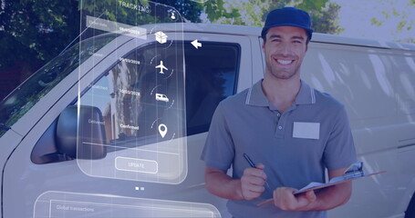 Image of data processing on screen over caucasian delivery man by van