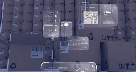 Image of data processing on screens over cardboard boxes