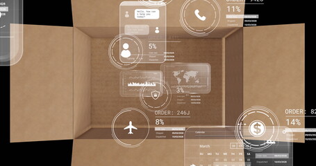Image of data processing on screens over cardboard box