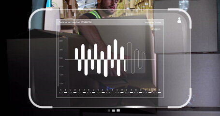 Image of data processing on screens over caucasian delivery man in warehouse