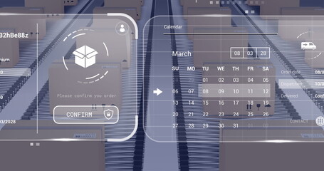Image of data processing on screens over cardboard boxes on conveyor belts