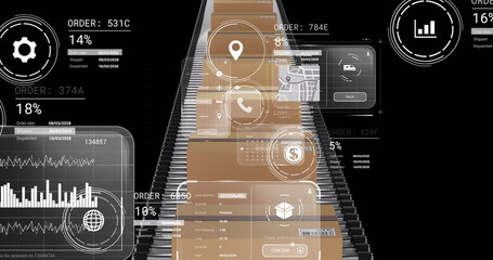 Image of data processing on screens over cardboard boxes on conveyor belts