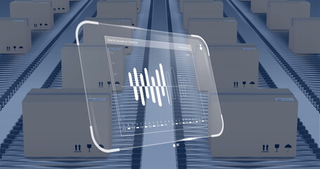 Image of data processing on screen over cardboard boxes on conveyor belts