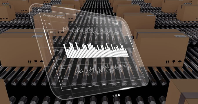 Image of data processing on screens over cardboard boxes on conveyor belts