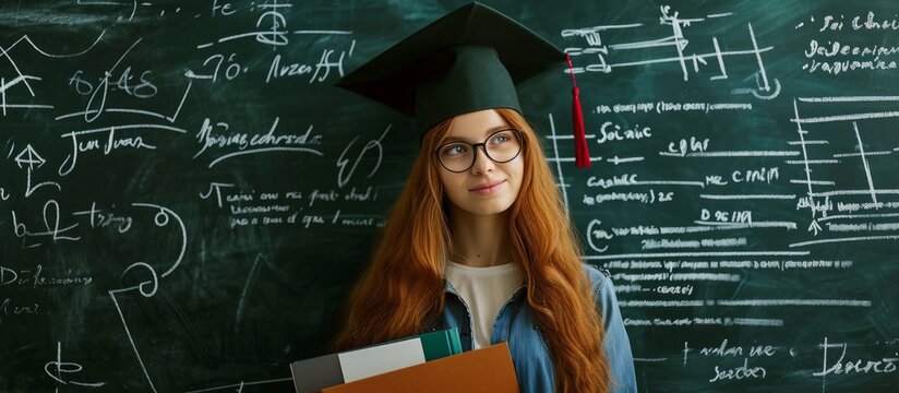 Intelligent girl student with grad hat and folder holding math and science formulas on blackboard.