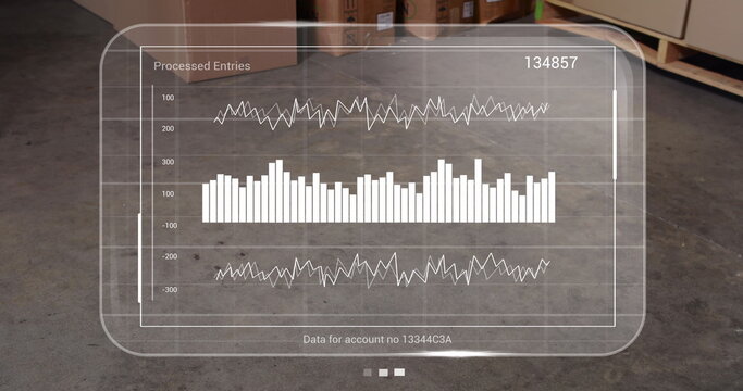 Image of data processing on screens over cardboard boxes