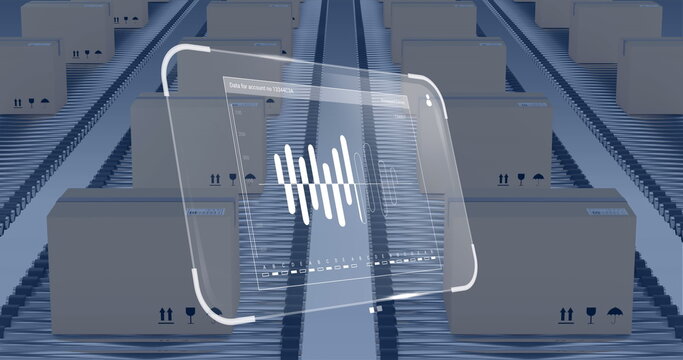 Image of data processing on screen over cardboard boxes on conveyor belts