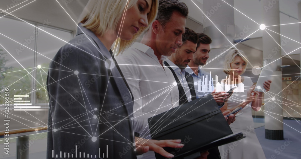 Poster image of data and network of connections over diverse businesspeople using tablets